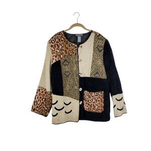 Indigo Moon Patchwork Animal Print Tapestry Jacket Art to Wear Womens Size 1X